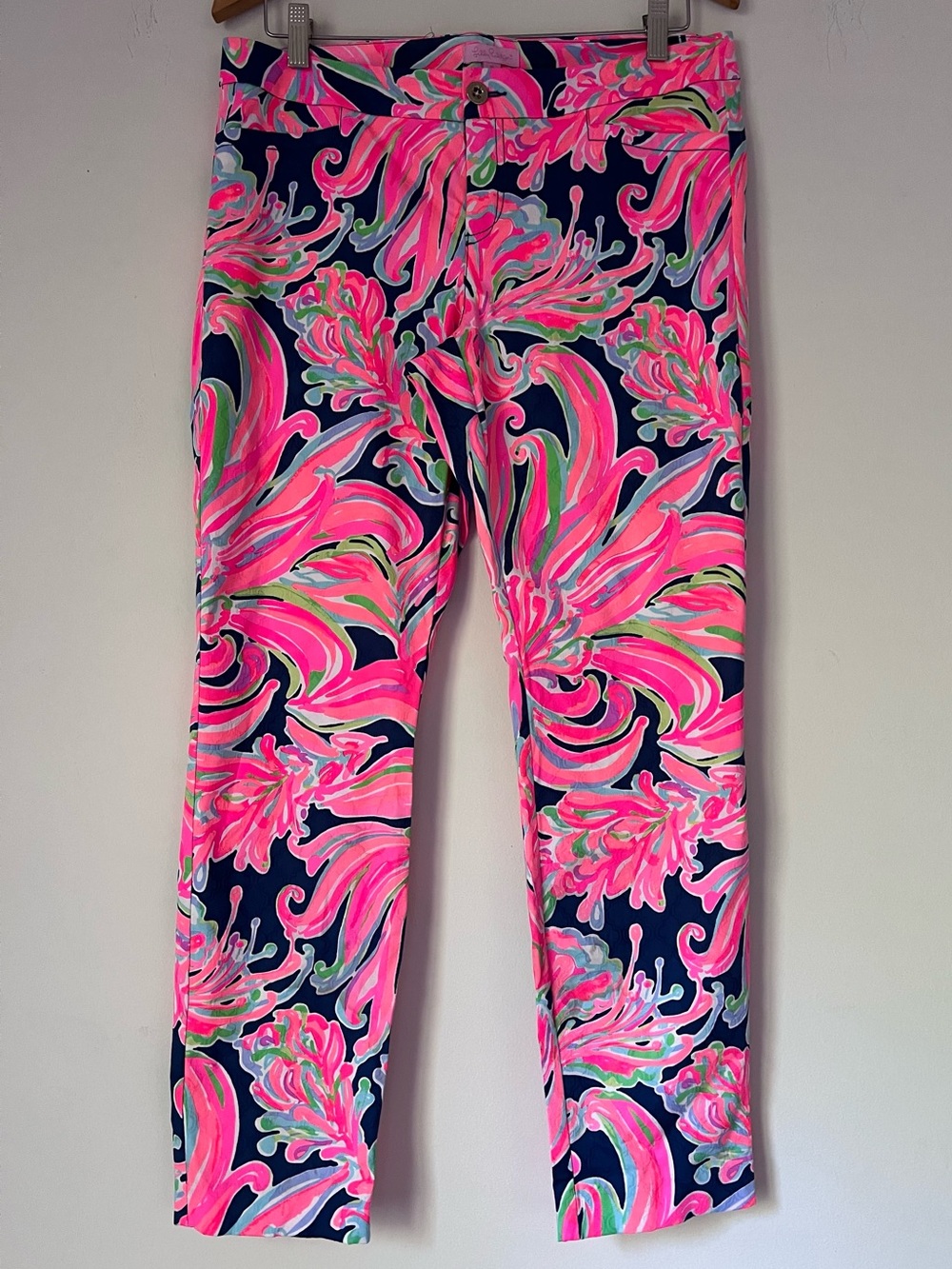 Lilly Pulitzer Kelly Ankle Pants Floral Pink Navy Size 10